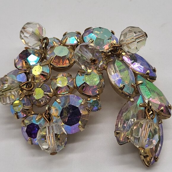 VTG Swirl AB Faceted Dangling Bead Rhinestone Brooch Pin  Gold Tone - Picture 7 of 8